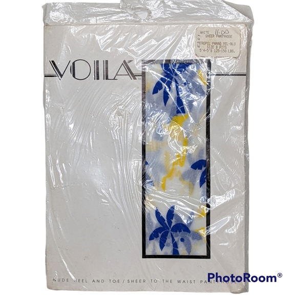 Vintage Viola Pantyhose Sz B Blue Palm Trees Yellow On White Opaque 1983 NOS - Picture 2 of 9